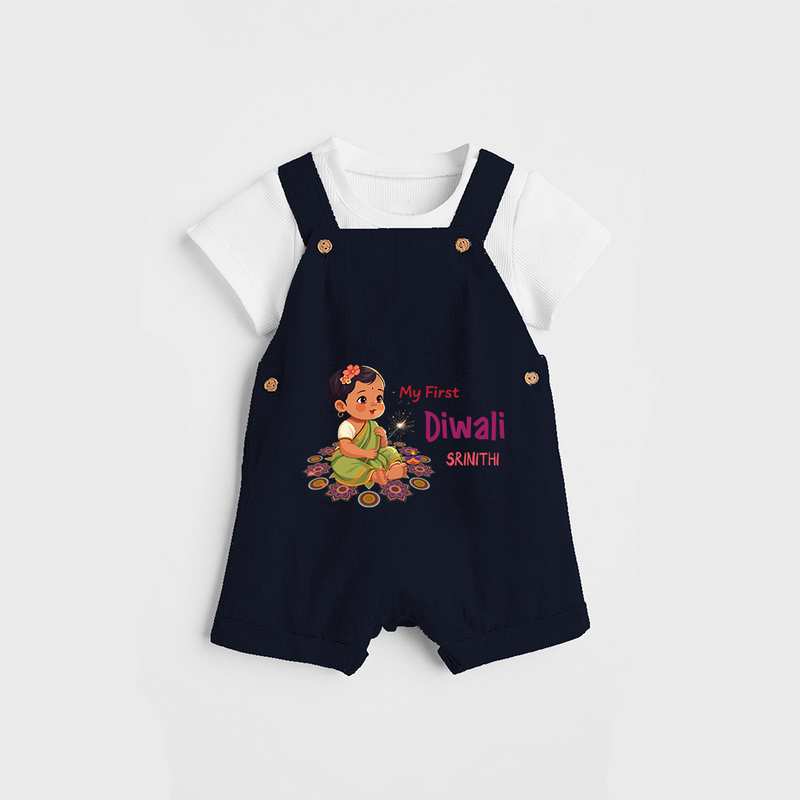 Lets Celebrate This Diwali With My First Diwali Customized Dungaree Set For Kids - NAVY BLUE - 0 - 5 Months Old (Chest 18")