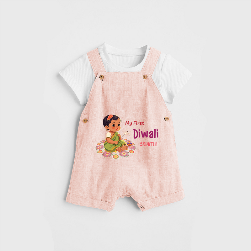 Lets Celebrate This Diwali With My First Diwali Customized Dungaree Set For Kids - PEACH - 0 - 5 Months Old (Chest 18")