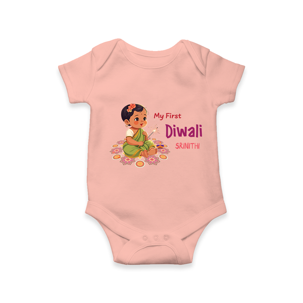 Lets Celebrate This Diwali With My First Diwali Customized Romper For Kids - PEACH - 0 - 3 Months Old (Chest 16")