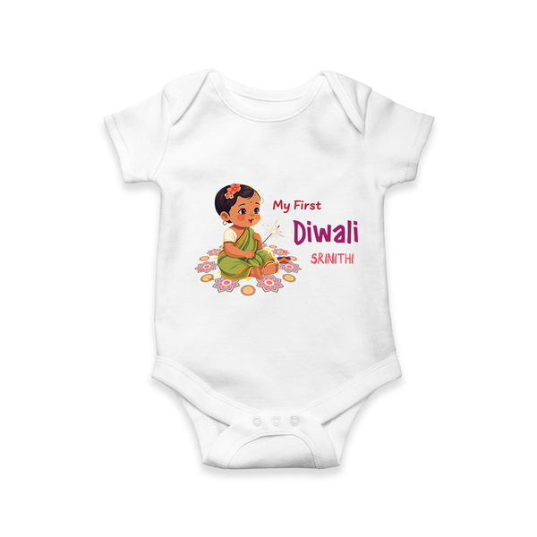 Lets Celebrate This Diwali With My First Diwali Customized Romper For Kids - WHITE - 0 - 3 Months Old (Chest 16")