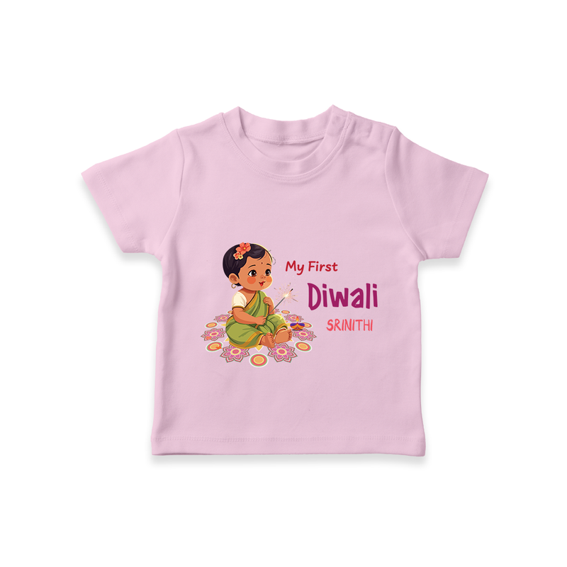 Lets Celebrate This Diwali With My First Diwali Customized T-Shirt For Kids - PINK - 0-5 Months Old (Chest 17")