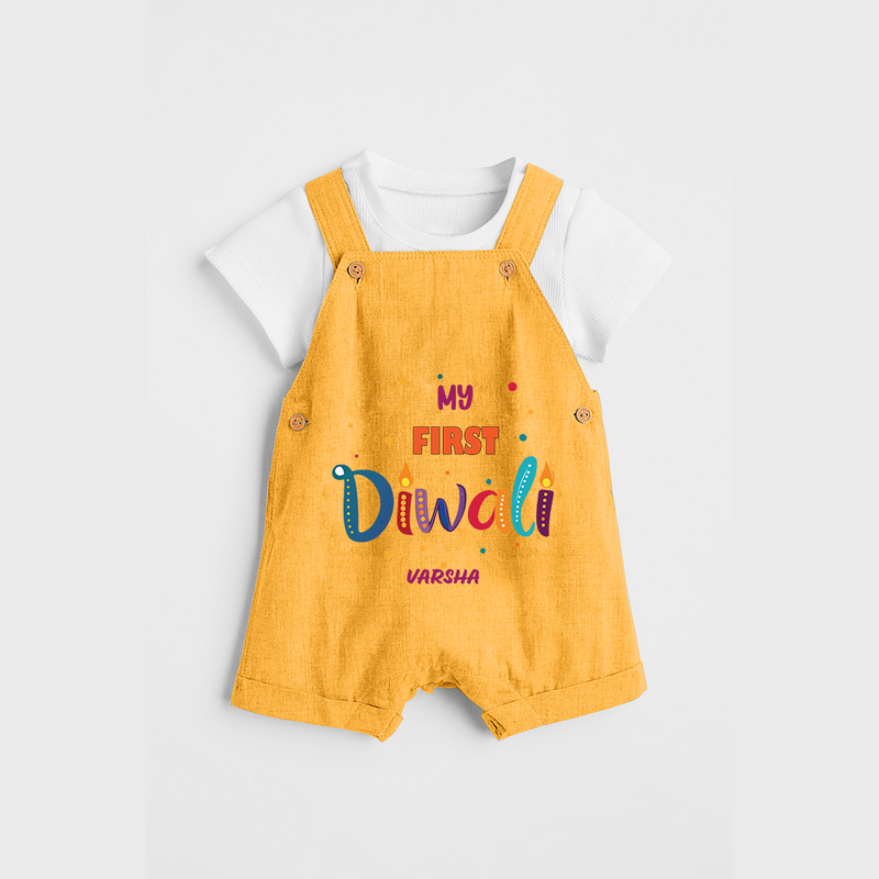 My First Diwali Personalized Dungaree Set For Kids - PASTEL YELLOW - 0 - 5 Months Old (Chest 18")