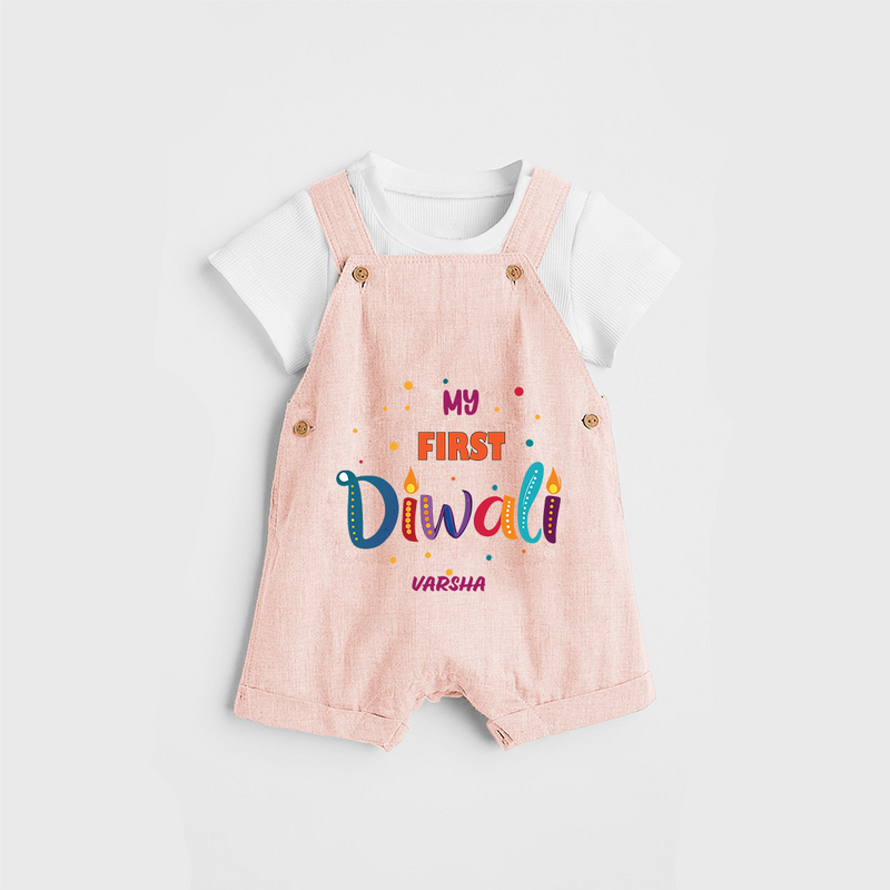 My First Diwali Personalized Dungaree Set For Kids - PEACH - 0 - 5 Months Old (Chest 18")