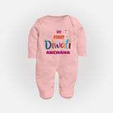 Happy Diwali | Crackers and Fun Celebration Sleep Suit - BABY PINK - New Born (Chest 7.5")