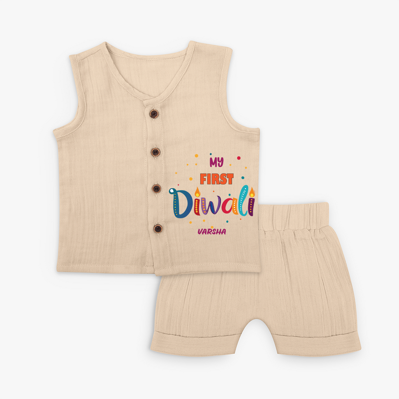 My First Diwali Personalized Jabla Set For Kids - CREAM - 0 - 3 Months Old (Chest 9.8")