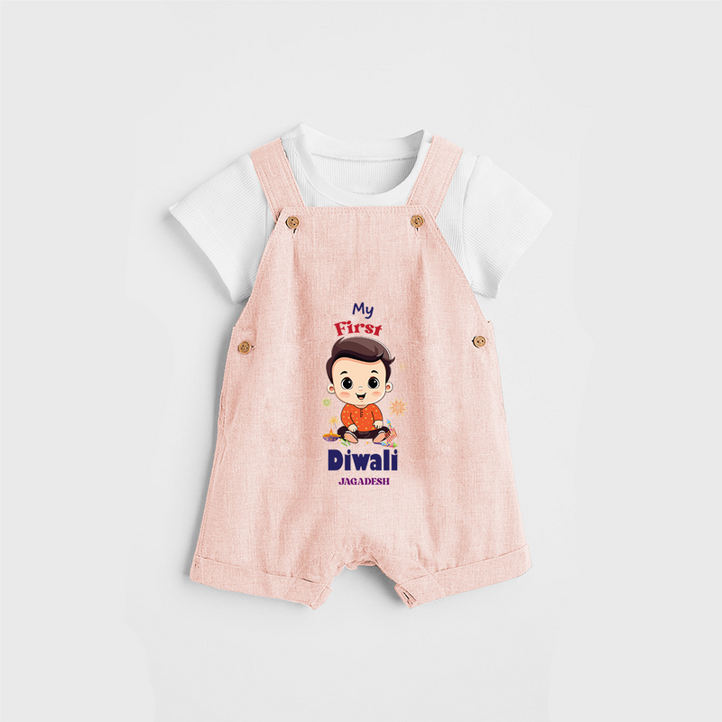 Personalized My First Diwali - Dungaree Set For Boys - PEACH - 0 - 5 Months Old (Chest 18")