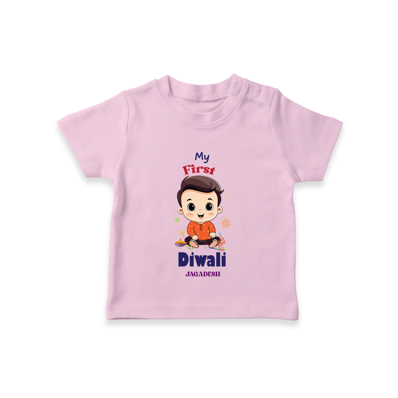 Personalized My First Diwali - T-Shirt For Boys - PINK - 0-5 Months Old (Chest 17")