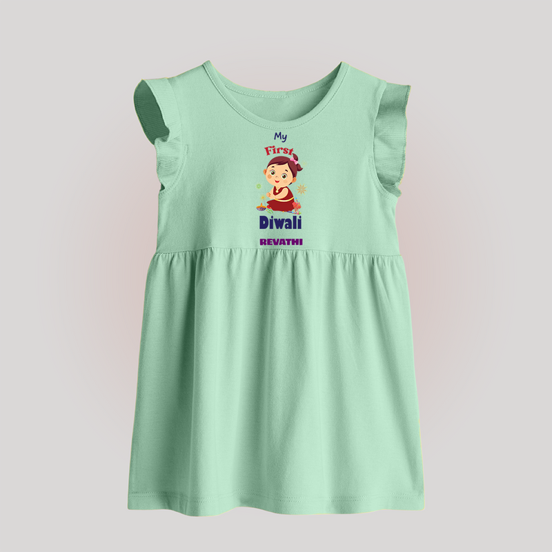 Happy Diwali | Little Firecracker Fun Baby Frock - MINT GREEN - 0 - 3 Months Old (Chest 17")