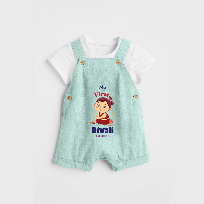 Personalized My First Diwali - Dungaree Set For Girls - ARCTIC BLUE - 0 - 5 Months Old (Chest 18")