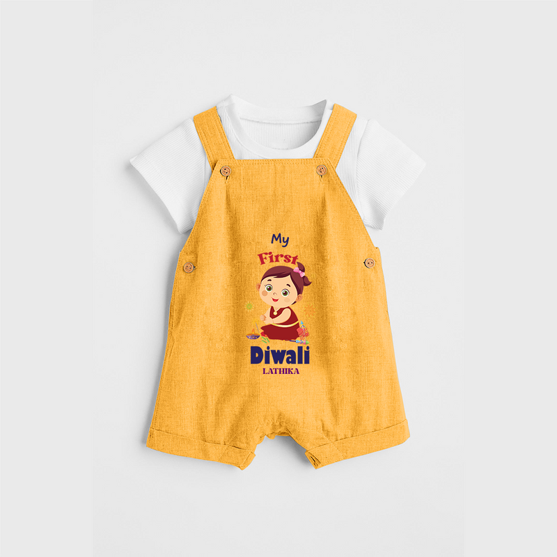 Personalized My First Diwali - Dungaree Set For Girls - PASTEL YELLOW - 0 - 5 Months Old (Chest 18")