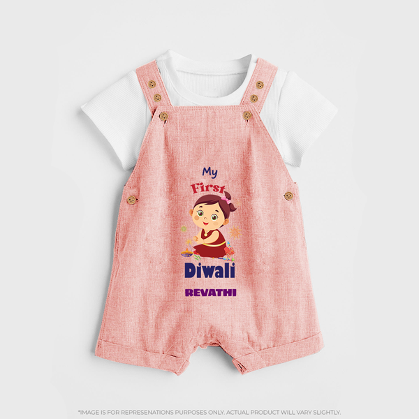 Happy Diwali | Little Firecracker Fun Dungaree Set - PEACH - 0 - 5 Months Old (Chest 18")
