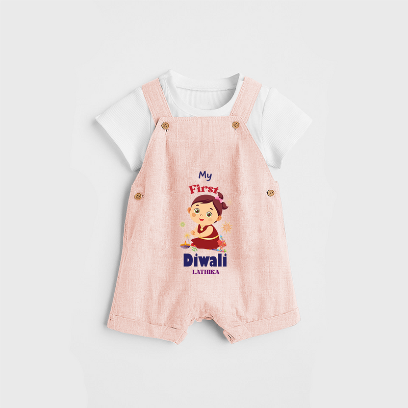 Personalized My First Diwali - Dungaree Set For Girls - PEACH - 0 - 5 Months Old (Chest 18")