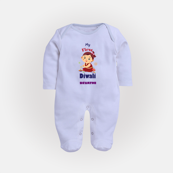 Happy Diwali | Little Firecracker Fun Sleep Suit - BABY BLUE - New Born (Chest 7.5")
