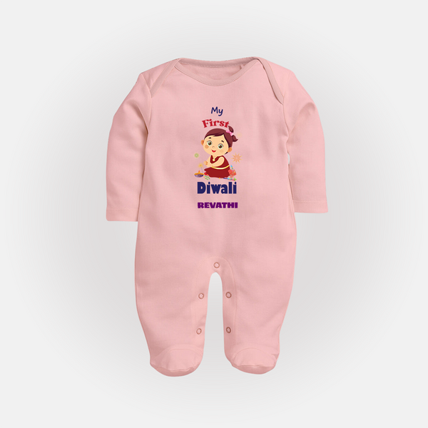 Happy Diwali | Little Firecracker Fun Sleep Suit - BABY PINK - New Born (Chest 7.5")