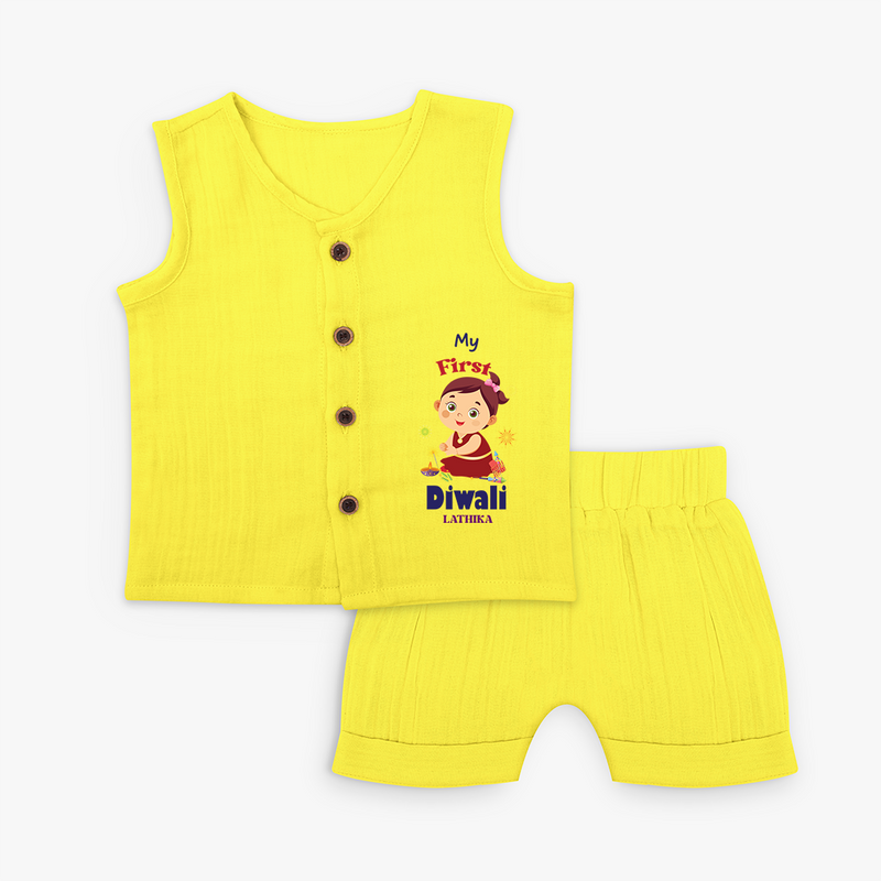 Personalized My First Diwali - Jabla Set For Girls - YELLOW - 0 - 3 Months Old (Chest 9.8")