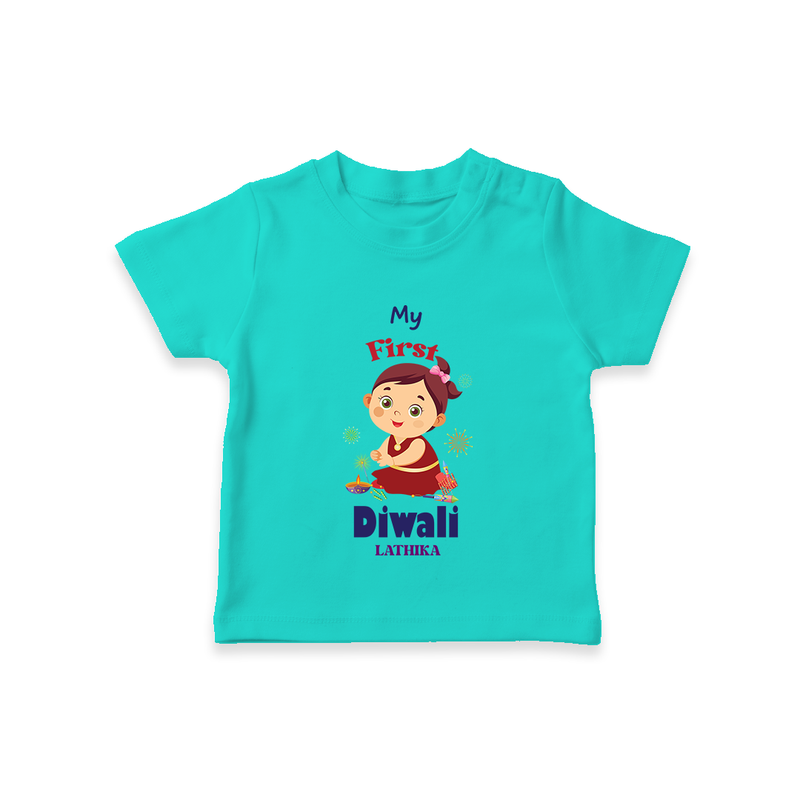 Personalized My First Diwali - T-Shirt For Girls - TEAL - 0-5 Months Old (Chest 17")