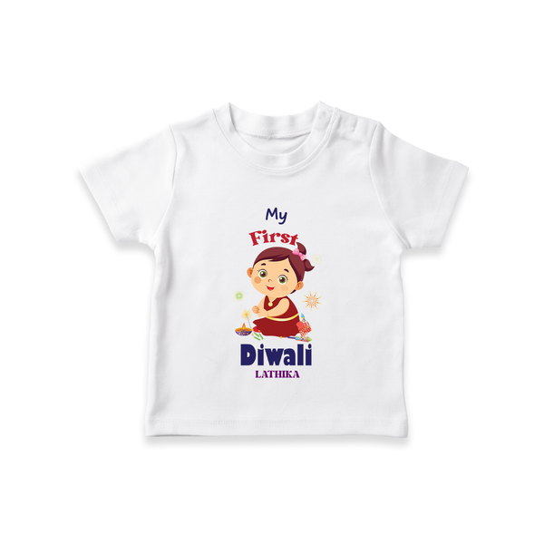 Personalized My First Diwali - T-Shirt For Girls - WHITE - 0-5 Months Old (Chest 17")