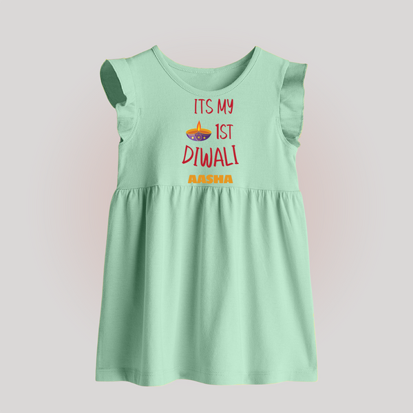 Happy Diwali | Lighting Up Our Lives Personalized Baby Frock - MINT GREEN - 0 - 3 Months Old (Chest 17")