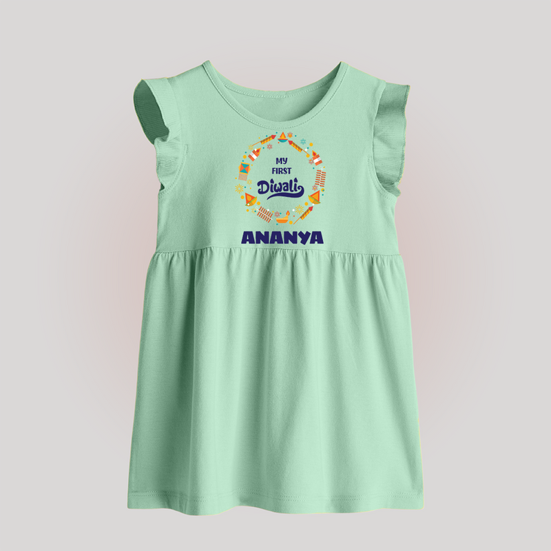 Happy Diwali | Explosively Cute Diwali Fun Baby Frock - MINT GREEN - 0 - 3 Months Old (Chest 17")