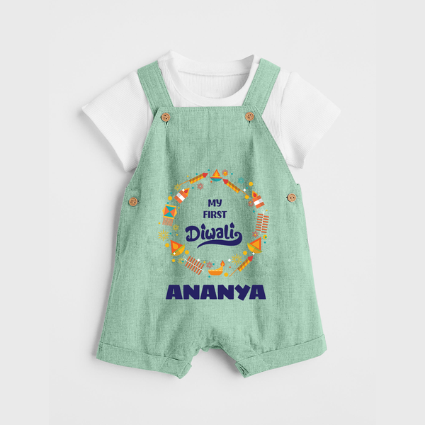 Happy Diwali | Explosively Cute Diwali Fun Dungaree Set - MINT GREEN - 0 - 5 Months Old (Chest 18")