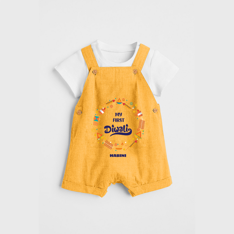 Customized My First Diwali Dungaree Set For Kids - PASTEL YELLOW - 0 - 5 Months Old (Chest 18")