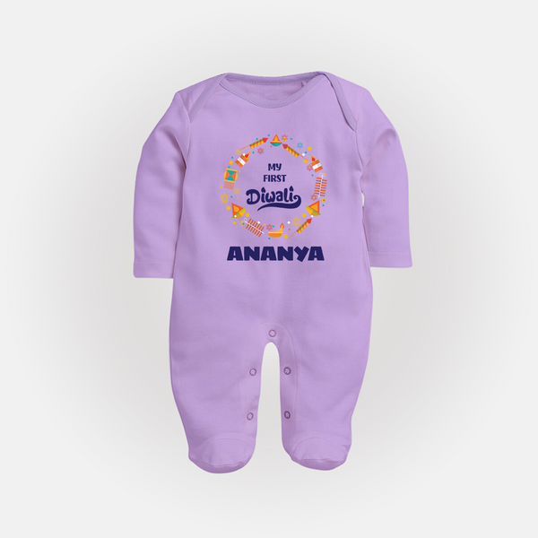 Happy Diwali | Explosively Cute Diwali Fun Sleep Suit - LILAC - New Born (Chest 7.5")