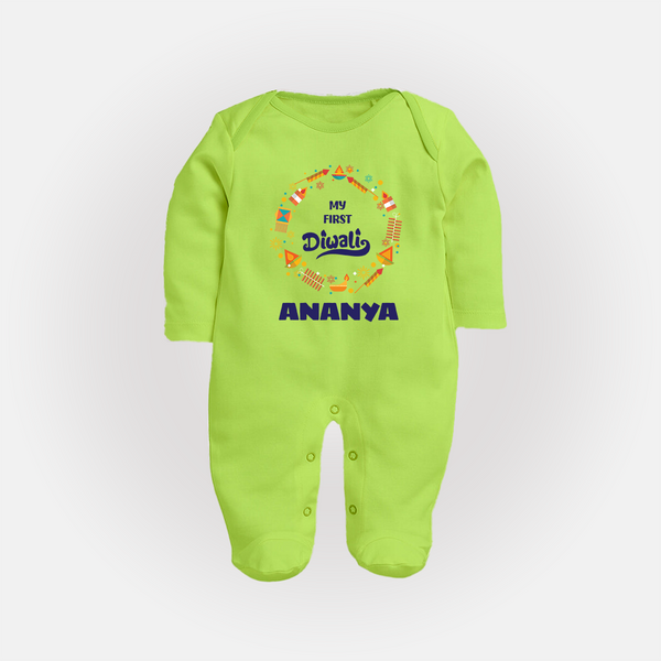 Happy Diwali | Explosively Cute Diwali Fun Sleep Suit - LIME GREEN - New Born (Chest 7.5")