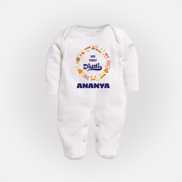 Happy Diwali | Explosively Cute Diwali Fun Sleep Suit - WHITE - New Born (Chest 7.5")