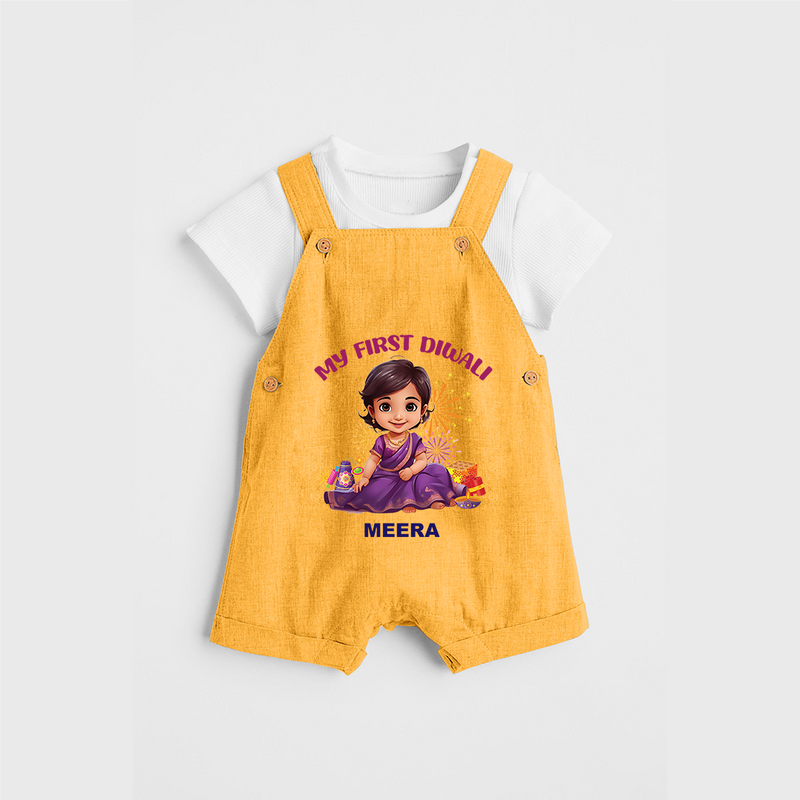 My First Diwali Personalized Diwali Themed Dungaree Set For girls - PASTEL YELLOW - 0 - 5 Months Old (Chest 18")