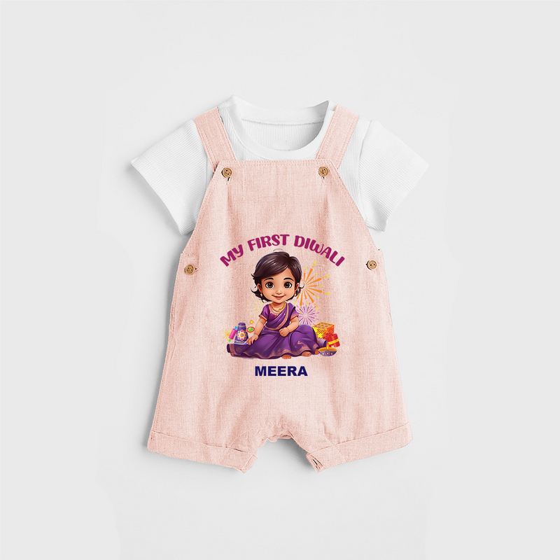 My First Diwali Personalized Diwali Themed Dungaree Set For girls - PEACH - 0 - 5 Months Old (Chest 18")