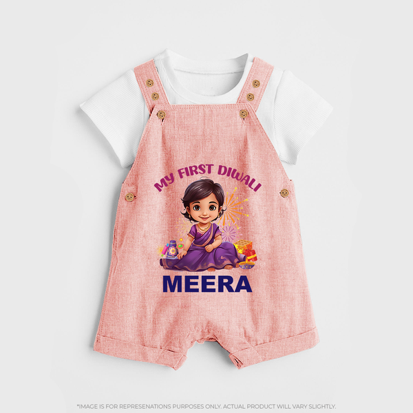Happy Diwali | Tiny Diya Glow Celebration Dungaree Set - PEACH - 0 - 5 Months Old (Chest 18")
