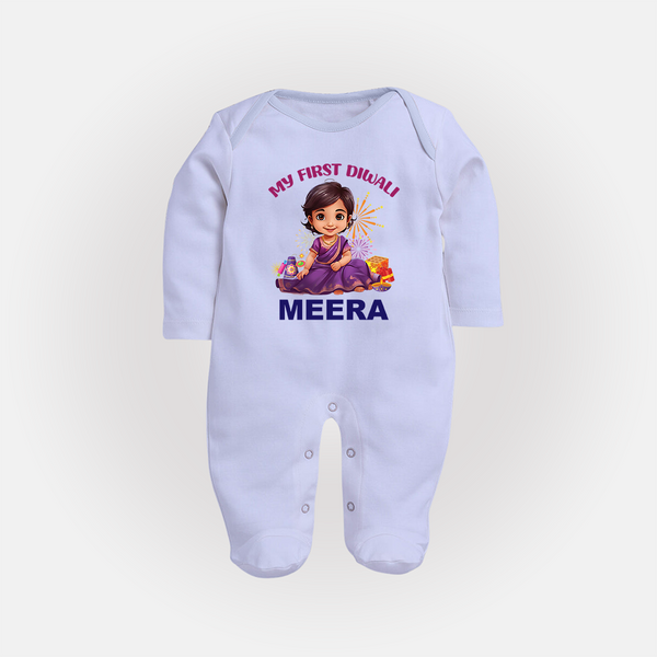 Happy Diwali | Tiny Diya Glow Celebration Sleep Suit - BABY BLUE - New Born (Chest 7.5")