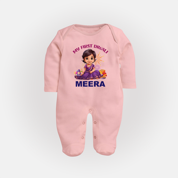 Happy Diwali | Tiny Diya Glow Celebration Sleep Suit - BABY PINK - New Born (Chest 7.5")