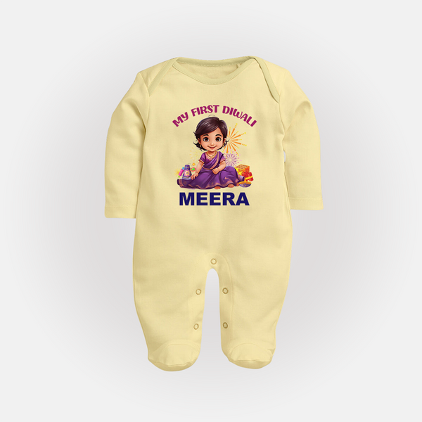 Happy Diwali | Tiny Diya Glow Celebration Sleep Suit - PASTEL YELLOW - New Born (Chest 7.5")