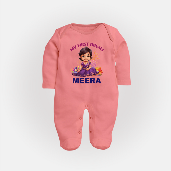 Happy Diwali | Tiny Diya Glow Celebration Sleep Suit - PEACH - New Born (Chest 7.5")
