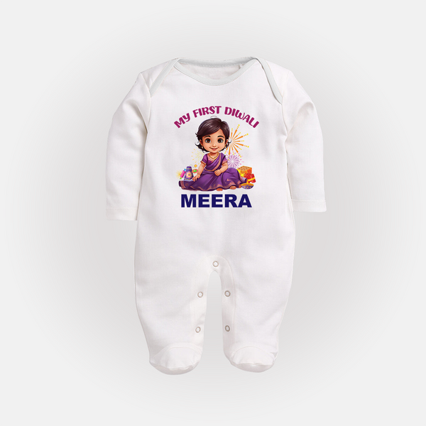 Happy Diwali | Tiny Diya Glow Celebration Sleep Suit - WHITE - New Born (Chest 7.5")