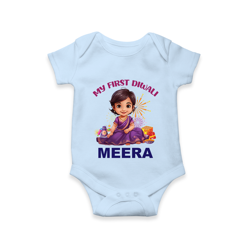 Happy Diwali | Tiny Diya Glow Celebration Romper - BABY BLUE - New Born (Chest 14")
