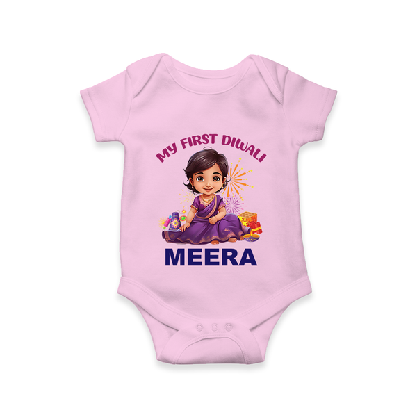 Happy Diwali | Tiny Diya Glow Celebration Romper - BABY PINK - New Born (Chest 14")