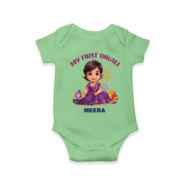 My First Diwali Personalized Diwali Themed Romper For girls - GREEN - 0 - 3 Months Old (Chest 16")