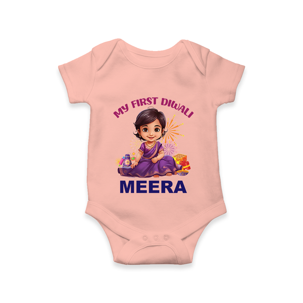 Happy Diwali | Tiny Diya Glow Celebration Romper - PEACH - New Born (Chest 14")