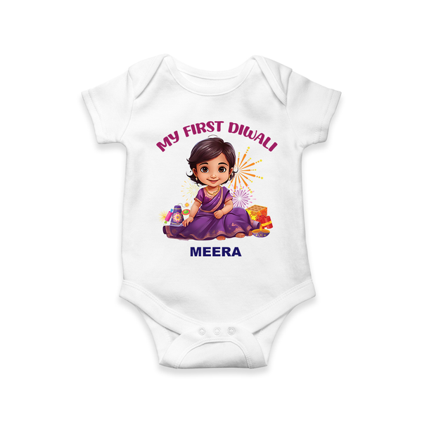 My First Diwali Personalized Diwali Themed Romper For girls - WHITE - 0 - 3 Months Old (Chest 16")