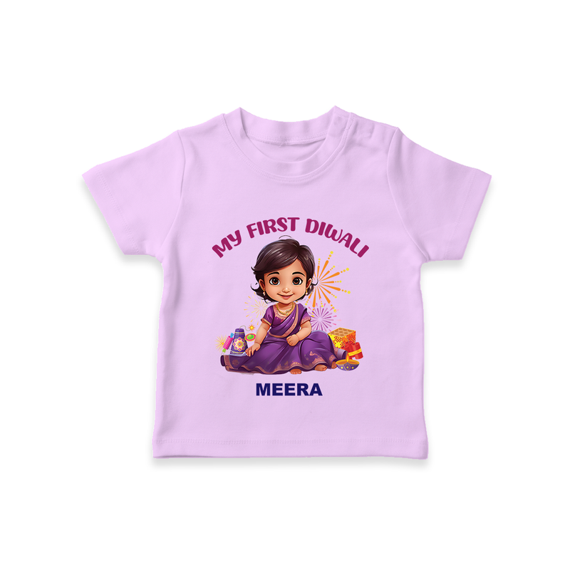 My First Diwali Personalized Diwali Themed T-Shirt For girls - LILAC - 0-5 Months Old (Chest 17")