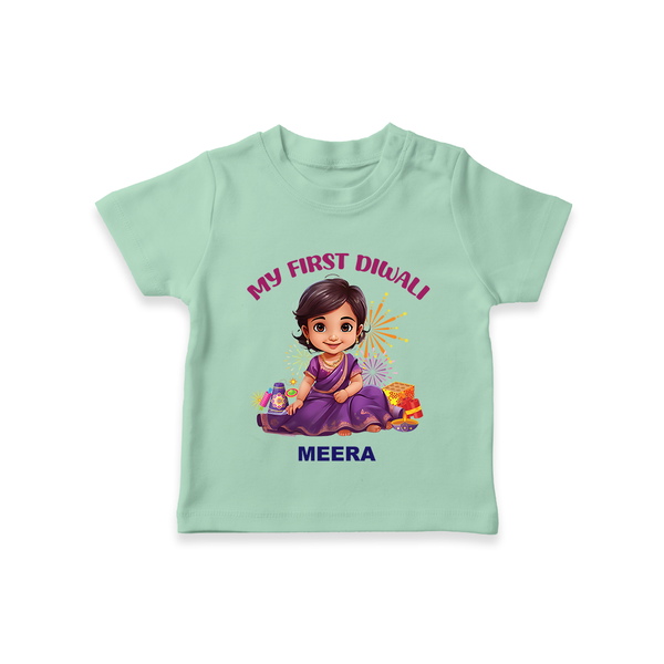 My First Diwali Personalized Diwali Themed T-Shirt For girls - MINT GREEN - 0-5 Months Old (Chest 17")