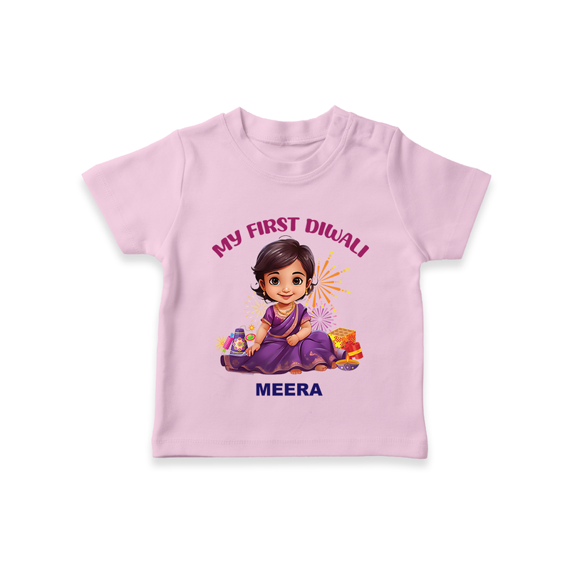 My First Diwali Personalized Diwali Themed T-Shirt For girls - PINK - 0-5 Months Old (Chest 17")