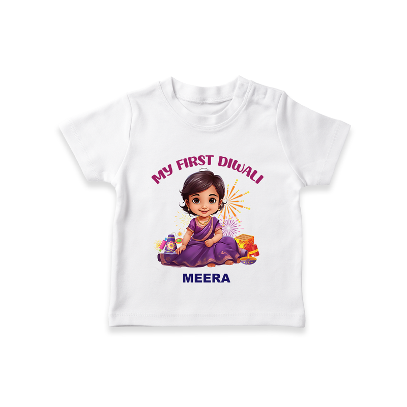 My First Diwali Personalized Diwali Themed T-Shirt For girls - WHITE - 0-5 Months Old (Chest 17")