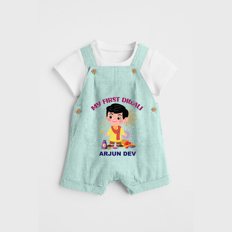 My First Diwali Personalized Diwali Themed Dungaree Set For Boys - ARCTIC BLUE - 0 - 5 Months Old (Chest 18")