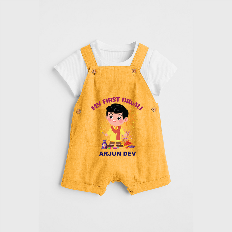 My First Diwali Personalized Diwali Themed Dungaree Set For Boys - PASTEL YELLOW - 0 - 5 Months Old (Chest 18")