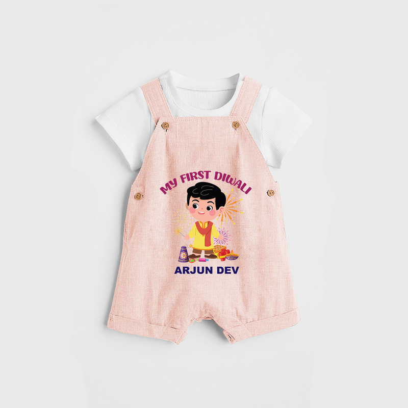 My First Diwali Personalized Diwali Themed Dungaree Set For Boys - PEACH - 0 - 5 Months Old (Chest 18")