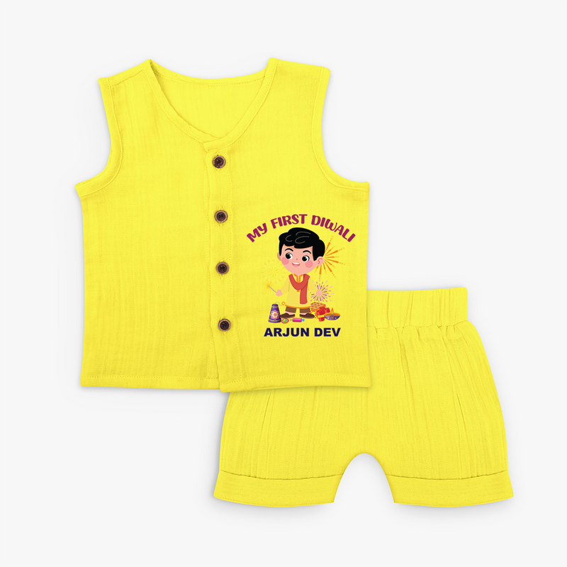 My First Diwali Personalized Diwali Themed Jabla Set For Boys - YELLOW - 0 - 3 Months Old (Chest 9.8")