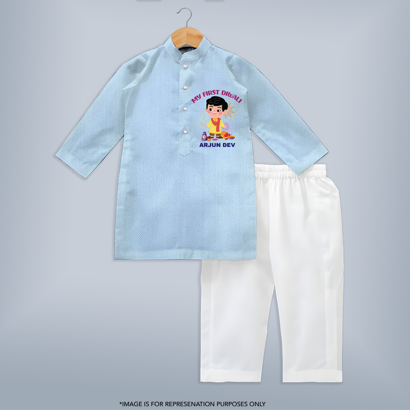 My First Diwali Personalized Diwali Themed Kurta Set For Boys - SKY BLUE - 3 - 6 Months Old (Chest 24", Kurta Length 14'', Waist 19", Pant Length 14")